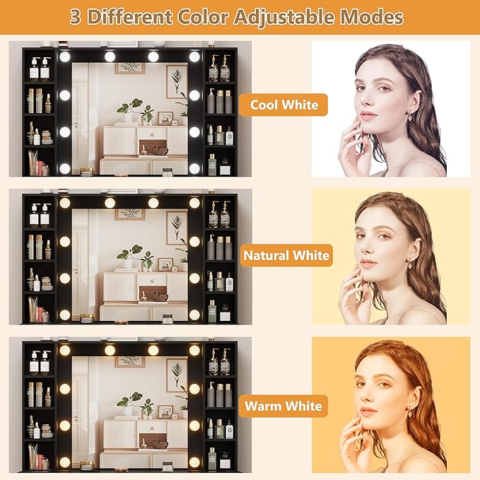 HUANLEGO Black Vanity Desk with Mirror and Lights, Glass Top Vanity with Lighted Mirror & RGB Glass Cabinet and 3 Drawers, Makeup Vanity Desk with Lights Dressing Table for Bedroom, 3 Color Modes