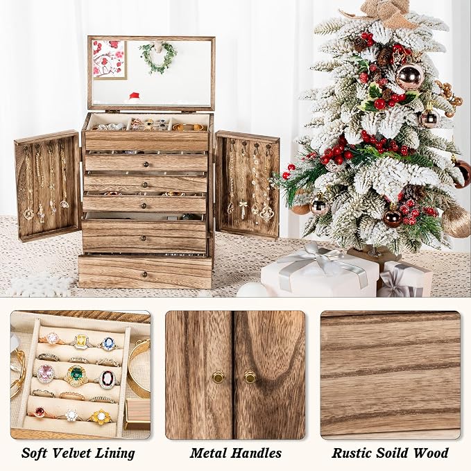 Emfogo Wooden Jewelry Box for Women, 6-Tier Large Jewelry Organizer Boxes with Mirror Rustic Solid Wood jewlery Storage Display for Rings Earrings Necklaces Bracelets watches(Carbonized Black) - Image 3