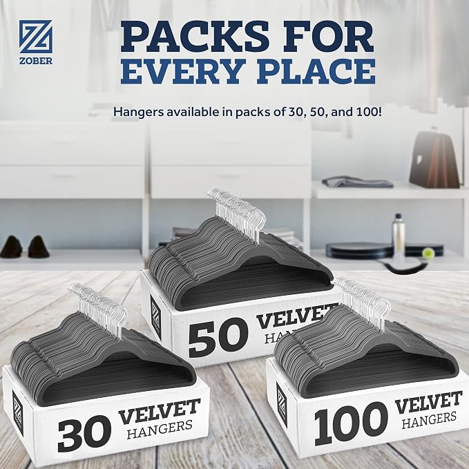 Zober Velvet Hangers 50 Pack - Heavy Duty Gray Hangers for Coats, Pants & Dress Clothes - Non Slip Clothes Hanger Set - Space Saving Felt Hangers for Clothing - Image 7