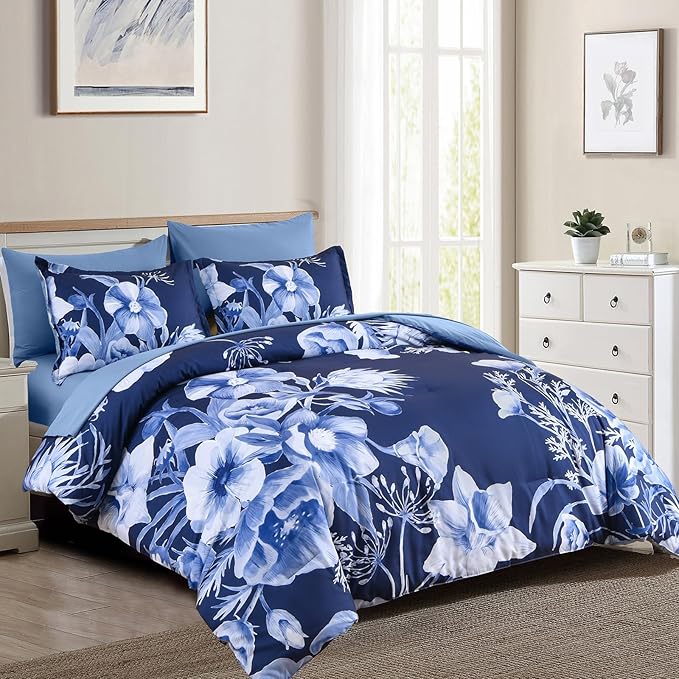 Luxudecor Floral Comforter Set Full Size 7 Piece, Navy Blue Flower Bed in a Bag, Elegant Floral Comforter with Sheet Set, Soft Microfiber Bedding Set for All Season (Navy Blue, 80"x90")