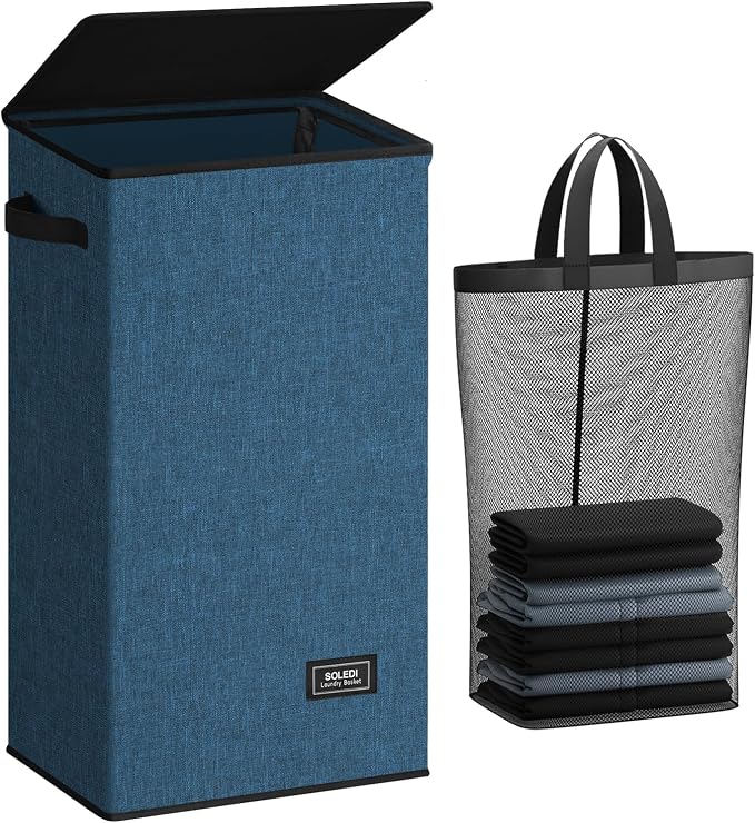 SOLEDI Laundry Hamper with Lid 100L Large & Tall Collapsible Laundry Baskets, Clothes Hamper with Bag Removable Easy to Carry, Dirty Hampers for Bedroom, Bathroom, Dorm, College, Blue by SOLEDI