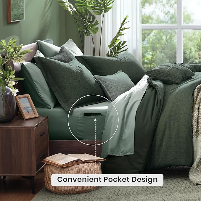 Monbix Super King Comforter Set, Deep Forest Cationic Dyeing Bedding Set Reversible, Bed in a Bag 7 Pieces with Comforter, Sheets, Pillowcases & Shams