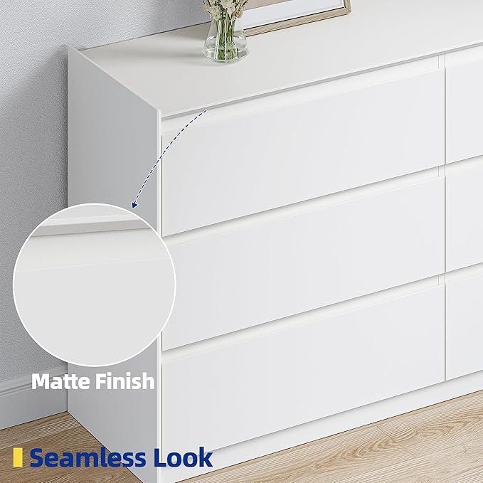 White Dresser for Bedroom, 54" Wide 6 Drawer Double Dresser, Modern Matte Wood Chest of Drawers with Anti-Tip Kit, Sturdy Storage Organizer for Closet, Living Room & Hallway, Handle-Free