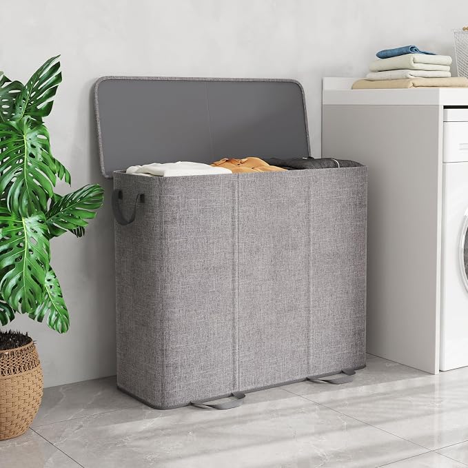 Lifewit Triple Laundry Hamper with Lid and Removable Laundry Bags, Large Collapsible 3 Dividers Dirty Clothes Basket with Handles for Bedroom Laundry Room Closet Bathroom College, 185L Gray - Image 2