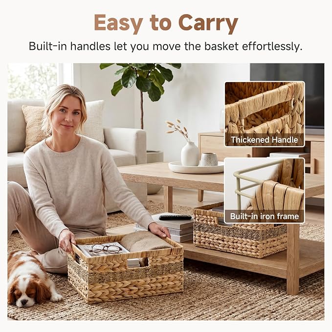 StorageWorks Jumbo Rectangular Wicker Basket, Water Hyacinth and Seagrass Storage Basket with Built-in Handles, 1 Pack - Image 4