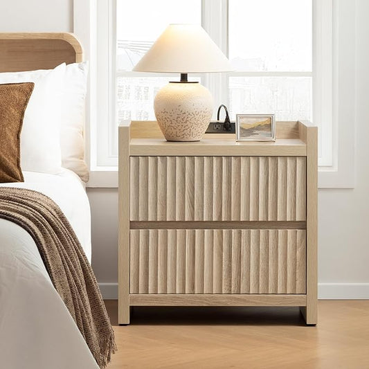 SICOTAS Night Stand Fluted Nightstands with Charging Station- Modern 2 Drawers Nightstand 25" Tall Bedside Table End Table, Large Night Stands for Bedroom, Sofa Side (Light Oak, 1 Piece)
