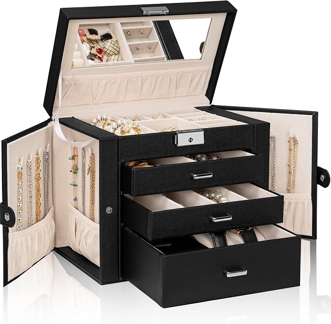 AKOZLIN 4-Tier Jewelry Box Lockable Leather Jewelry Storage Case Organizer with 3 Drawers for Women Girls Ring Necklace Earring Bracelet Watches Holder with Mirror by AKOZLIN