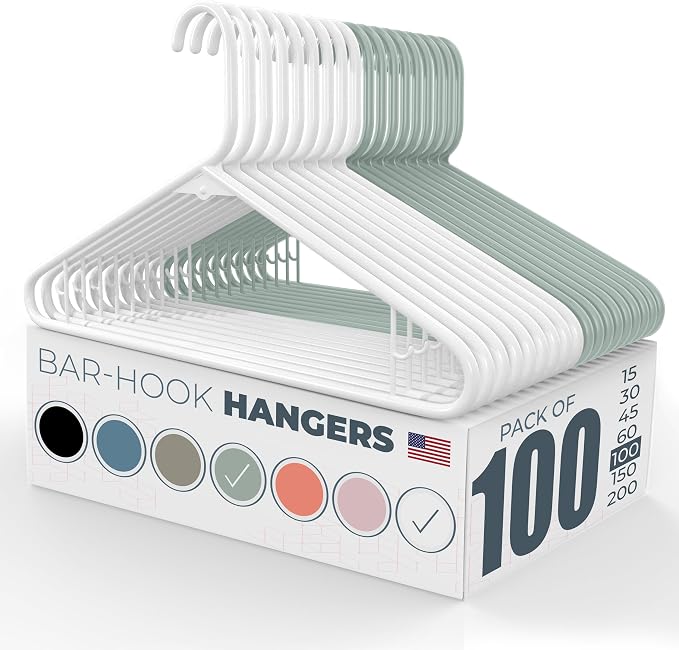 Neaties Plastic Hangers 100 Pack – Made in the USA – 6lb Capacity Standard Clothes Hangers with Strap Hooks for Dresses, Lingerie, Shirts, Pants, and Jackets – White & Mint by NeatiesHangers
