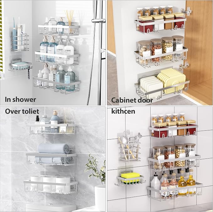 Liuoud 5 Pack Shower Caddy Organizer Rack Shelf for Inside Shower, Self Adhesive Bathroom Wall Storage Basket Rustproof Stainless Steel Large Capacity Shampoo Holder, Silver - Image 9
