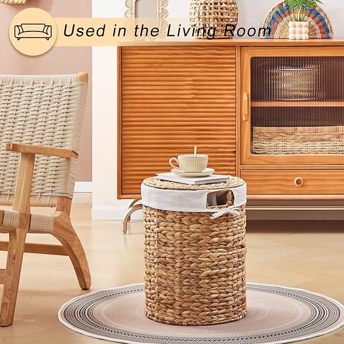 Round Water Hyacinth Laundry Hamper with Lid Handwoven Wicker Basket with Handles for Dirty Clothes, Storage, and Organization, No Assembly Required, 40L - Image 6