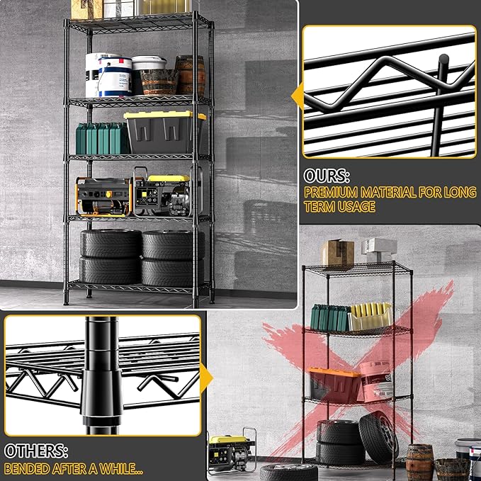 M MZG 1250 lbs 5 Tier Shelf Metal Storage Shelves Shelving Wire Rack Heavy Duty Closet Organizers for Garage Kitchen Bathroom Laundry Black 15.7" D x 33.5" W x 68.5" H - Image 5