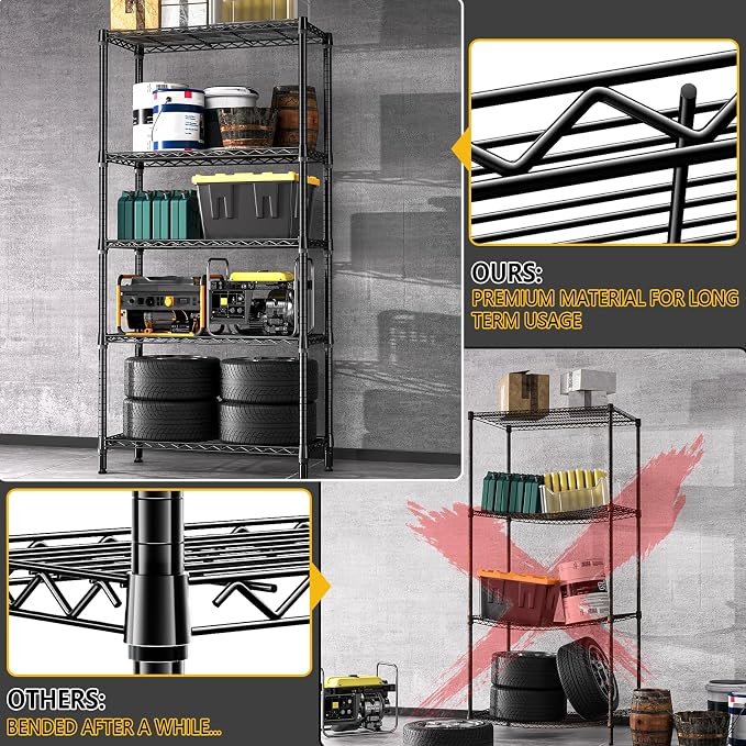 M MZG 1250 lbs 5 Tier Shelf Metal Storage Shelves Shelving Wire Rack Heavy Duty Closet Organizers for Garage Kitchen Bathroom Laundry Black 13.8" D x 35.4" W x 68.5" H - Image 6