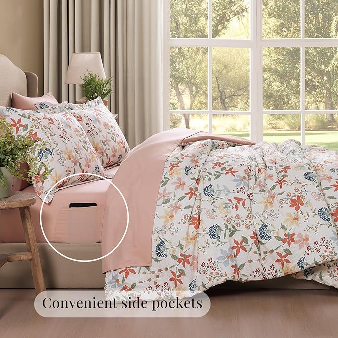 CASAAGUSTO Full Comforter Set, 7 PCS Clay Pink Floral Comforter Set with Flowers Leaves Pattern, Soft Seersucker Design All Season Full Size Bedding Set(80"X90")