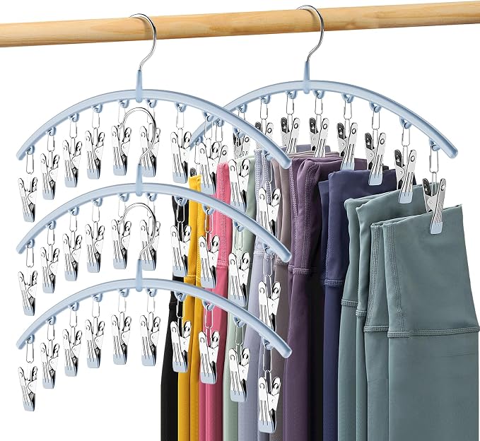 Volnamal Legging Organizer for Closet, Metal Yoga Pants Hanger w/Rubber Coated 4 Pack w/10 Clips Hold 40 Leggings, Hangers Space Saving Hanging for Closet Organizers and Storage, Blue by Volnamal