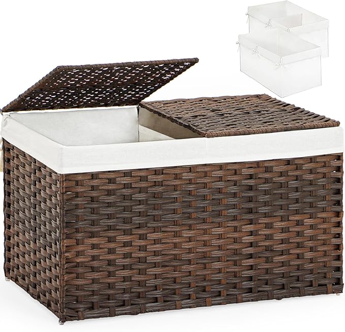 SETVSON Storage Basket with Lid Rattan Woven Storage Baskets with 2 Separate Lids, 17.2 Gallon (65 L), 22 x 13 x 13.8 Inches,Foldable, 2 Removable Liner Bags Handles for Bedroom, Laundry Room Brown by SETVSON