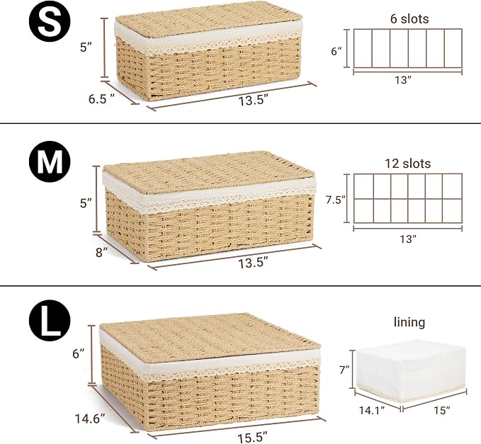 Nonam Large Basket with Lid set of 3, Rattan Divided Baskets Organizer for Shelf, Natural Wicker Storage Basket Bins for Closet, Boho Shelf Decor Covered Basket Home Storage Container - Image 2