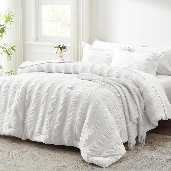 Zzlpp Full Comforter Set 7 Pieces, White Seersucker Bed in a Bag with Comforter and 2 Sheets, All Season Bedding Sets with 1 Comforter, 2 Pillow Shams, 2 Pillowcases