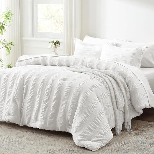 Zzlpp King Comforter Set 7 Pieces, White Seersucker Bed in a Bag with Comforter, Pillow Shams, Pillowcases, Flat Sheet, Fitted Sheet