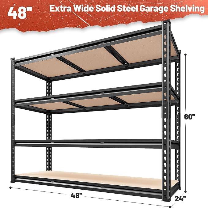 REIBII 48" W Garage Shelving Heavy Duty 2550 LBS Storage Shelves 4 Tier Heavy Duty Shelving, Adjustable Metal Shelves, Industrial Shelf for Garage, Warehouse, Pantry, 48" W x 60" H x 24" D - Image 2