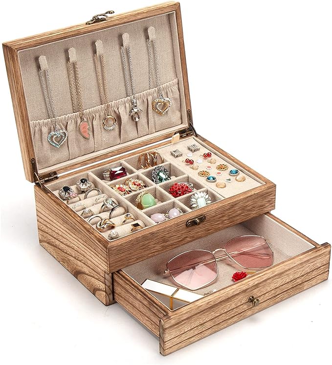 Pinzoveco Jewelry Box for Women, Rustic Wooden Jewelry Organizer Box for Storage Earrings Rings Necklace Bracelet, Farmhouse Style Wood Jewelry Boxes & Organizers (Torched Wood Color) by Pinzoveco