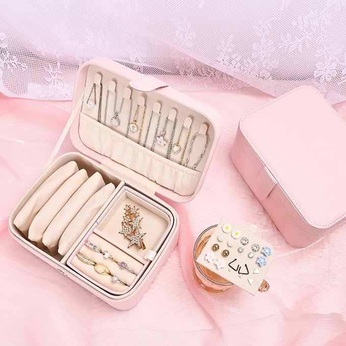 2 Layer Portable Jewelry Box, Large Jewelry Travel Case with 4 Jewelry Pouches, Medium Size Jewelry Organizer Box for Earrings, Necklaces, Bracelets (light pink) - Image 6