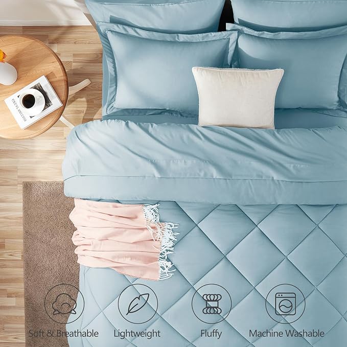 CozyLux King Size Comforter Set Light Blue - 7 Pieces Bed in a Bag King, Luxury Soft Bed Set for All Seasons, Bedding Set with Down Alternative Comforter, Sheets, Pillowcases & Shams