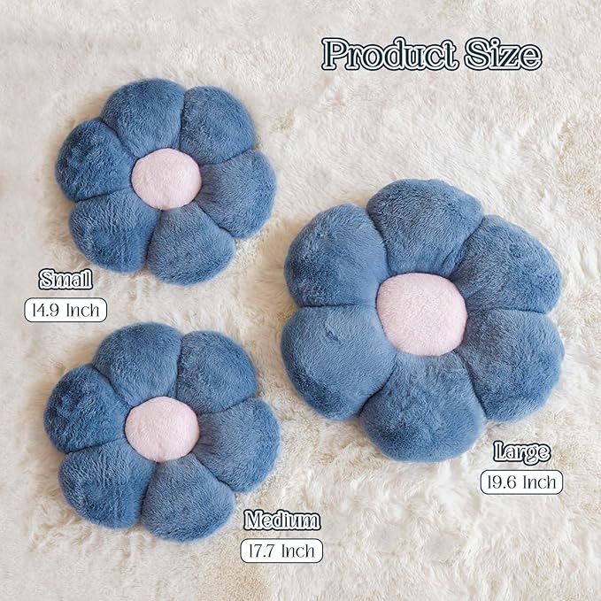 Kcvvcr Flower Pillow Cute Decorative Throw Pillow with Faux Rabbit Fur Soft Daisy Plush Floor Cushion Aesthetic Flower Shaped Pillow Home Decor for Bed Sofa Couch (Dusty Blue, 17.7 Inch)
