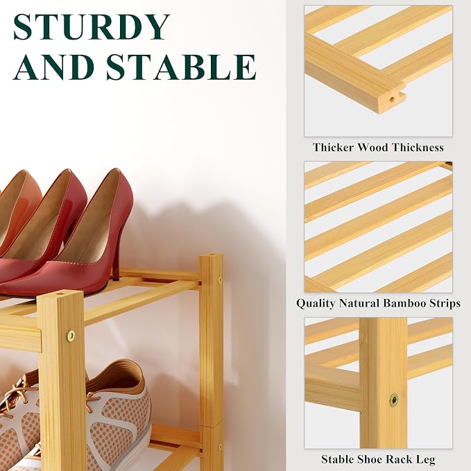 Smiry Shoe Rack, 2 Tier Small Bamboo Shoe Organizer, Stackable Free Standing Wooden Shoe Storage Shelf for Closet, Entryway, Front Door Entrance, Natural - Image 3