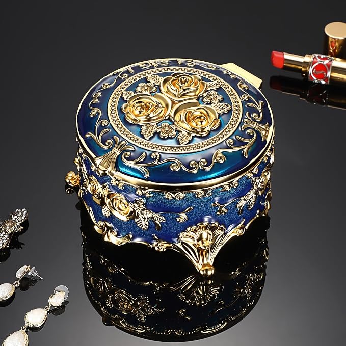 Hipiwe Vintage Jewelry Box Metal Keepsake Box Round Treasure Storage Case for Ring Earrings Necklace Holder Wedding Birthday Gift for Woman, Blue, 5.7" L x 5.1" W x 3.5" H - Image 7