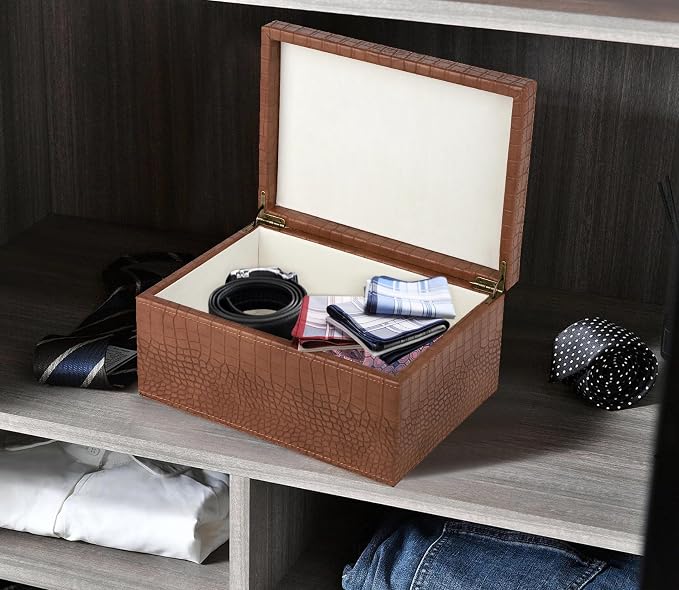 HofferRuffer Faux Leather Decorative Box, Large Wooden Structure Keepsake Box Accessory Organizer Jewelry Organizer with Hinged Lid, Storage Container for Home or Office (CrocoBrown) - Image 5