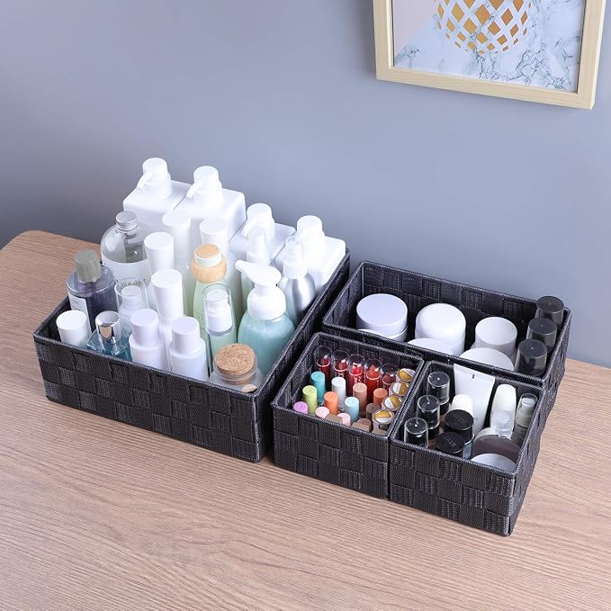 Posprica Woven Storage Baskets for Organizing, Small Baskets Cube Bin Container Tote Organizer Divider for Drawer, Closet, Shelf, Dresser, Set of 4(Dark Grey) - Image 5