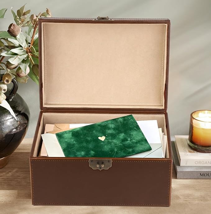 HofferRuffer Faux Leather Decorative Box, Large Wooden Structure Keepsake Box Accessory Organizer Jewelry Organizer with Hinged Lid, Storage Container for Home or Office (Antique Brown) - Image 5