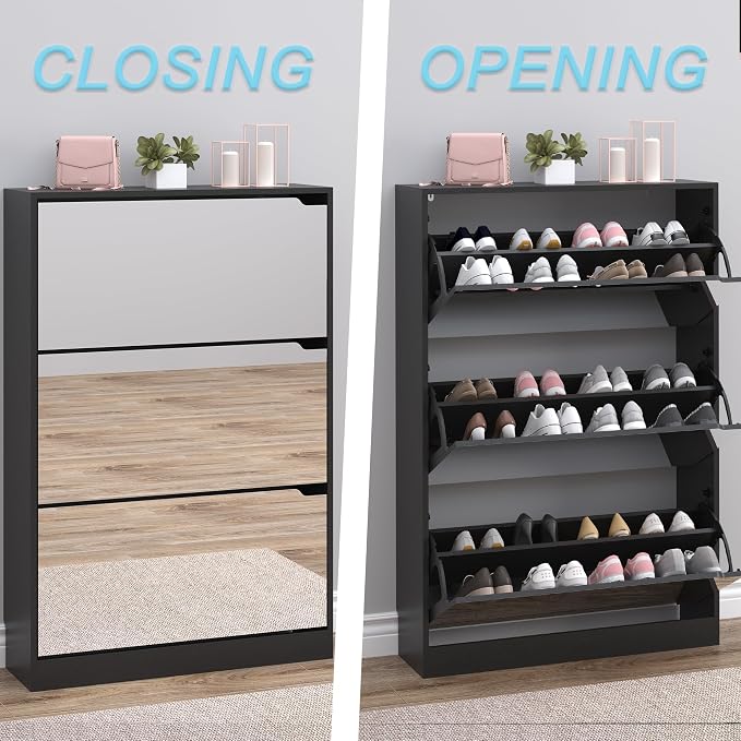 BORNOON Shoe Cabinet with 3-Flip Mirror Drawers, Freestanding Shoe Rack Organizer with Hidden Handle, Slim Narrow Shoe Storage Cabinet for Entryway, Entrance, Hallway, Bedroom - Image 5
