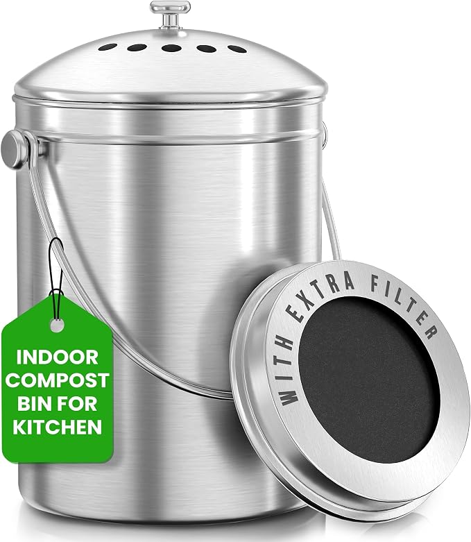Utopia Kitchen Countertop Compost Bin Kitchen with Charcoal Filter -1.3gallon Stainless Steel Kitchen Compost Bin Countertop - Ideal Kitchen Essentials or Small Composter for Under The Sink Trash by UTOPIAKITCHEN
