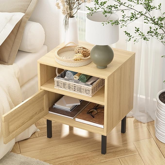 Angel Sar Rattan Nightstands Set of 2, Boho Night Stand with 1 Door, Accent End Table, Wood Bediside Table with Metal Legs&Open Shelf, Natural Wood