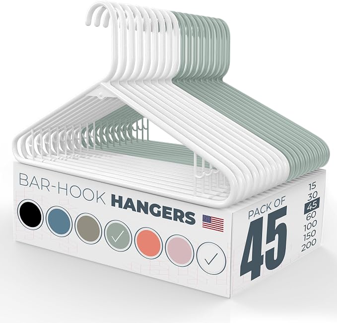 Neaties Plastic Hangers 45 Pack - Made in the USA - 6lb Capacity Standard Clothes Hangers with Strap Hooks for Dresses, Lingerie, Shirts, Pants, and Jackets - White & Mint by NeatiesHangers