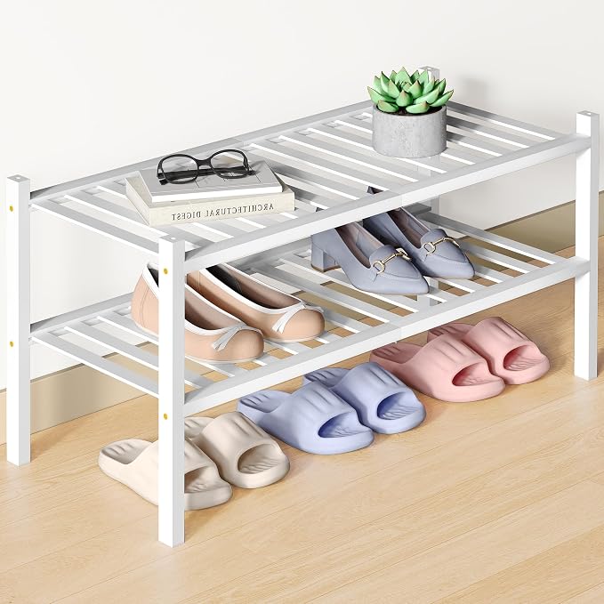 Smiry Bamboo Shoe Rack for Closet, 2 Tier Wooden Stackable Shoe Organizer, Free Standing Shoes Storage Shelf for Entryway, Front Door Entrance, White by Smiry