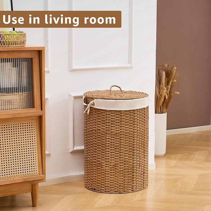 Round Wicker Laundry Hamper with Lid Handwoven Rattan Basket with Handles for Dirty Clothes, 2 Washable Liner Bags, No Assembly Required, Washable Basket, 90L - Image 6