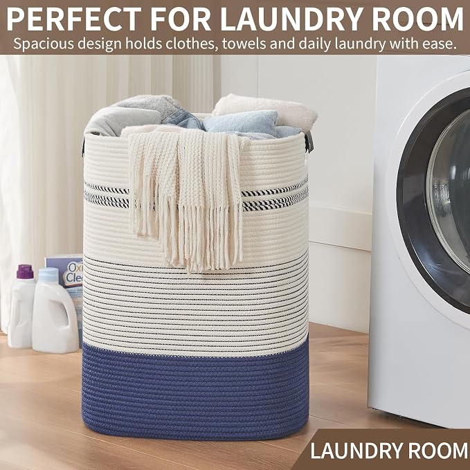 AINUOQI Large Laundry Basket - Tall Woven Rope Laundry Hamper with Leather Handles - Dirty Clothes hamper for Living room, Bedroom, 17" X 13.8" X 22", Dark Blue & White - Image 5