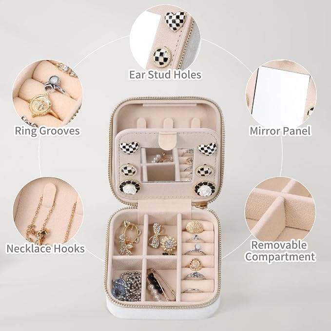 Dajasan Velvet Jewelry Box, Mini Travel Jewelry Case, Portable Travel Jewelry Organizer with Mirror for Birthday Mother's Day Valentine's Day(Beige) - Image 4