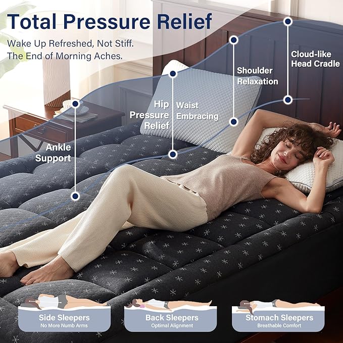 Anluoer Memory Foam Mattress Topper California King for Back Pain,Down Alternative Pillow Top Mattress Topper,Thick Mattress Pad with 8-21" Deep Pocket, 72x84 Inches, Dark Grey