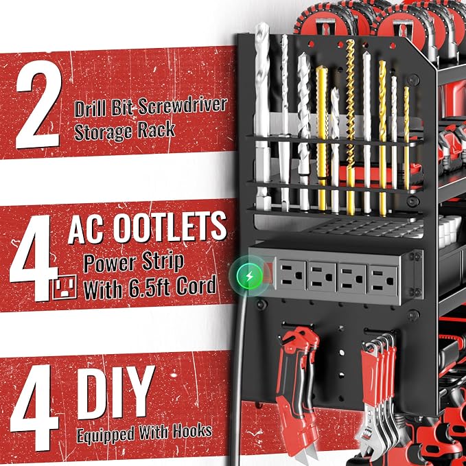 Large Power Tool Organizer Wall Mount with Charging Station, 4 Layer Heavy Duty Metal Cordless Tool Organizer, Tool Storage Rack with 8 Cordless Drill Holder Screwdriver Hammer(Black) - Image 4