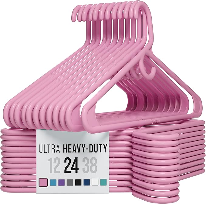 NEATERIZE Thick Heavy Duty Hangers - Pink Plastic Clothes Hangers 24 Pack - Great for Coat Hanger, Jackets Jeans & Suit Hanger for Closet - New Apartment Essentials Percheros Ganchos para Colgar Ropa by Neaterize