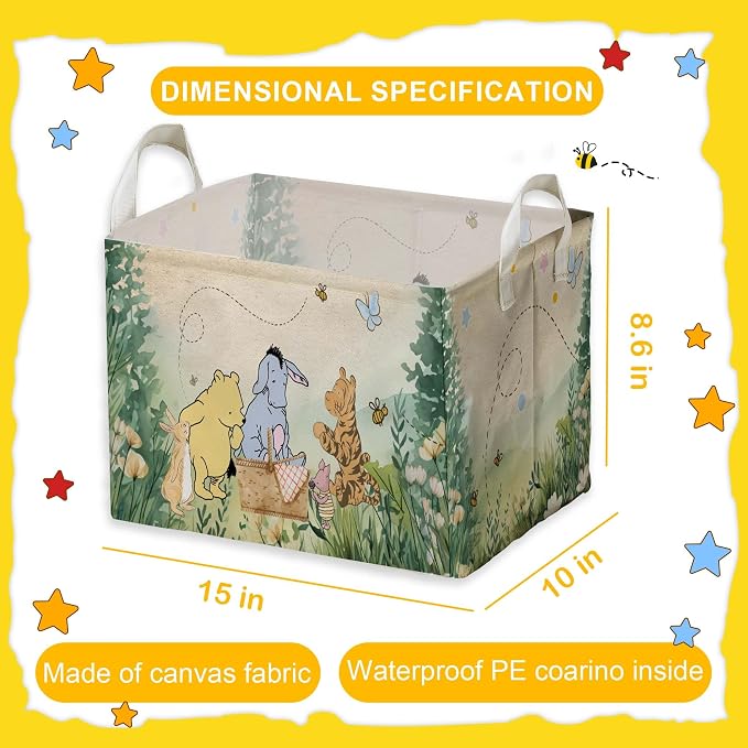 Winnie Nursery Decor, the Pooh Baby Stuff, Winnie Storage Nursery Basket, Large squarecanvas Laundry Hamper With A Waterproof PECoating, Foldable, Toys Bin, Baby Nursery HamperDecor, Classic - Image 2