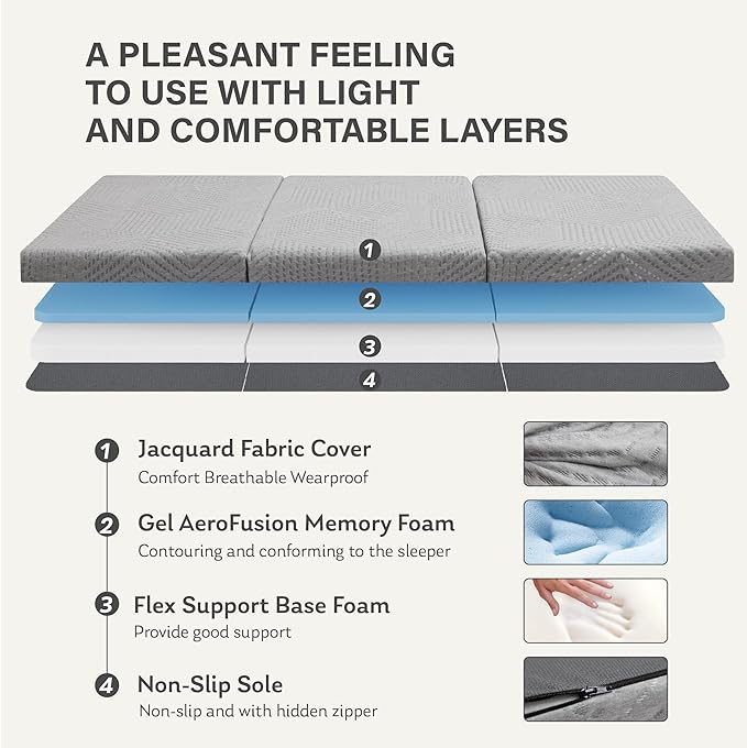 MLILY Tri-Fold Memory Foam Mattress Topper, 4 inch Twin Folding Mattress with Collapsible and Washable Cover, Travel and Guest Mat, 75"×38"×4", Grey