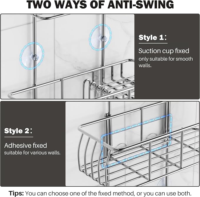 Epicano Anti-Swing Hanging Shower Caddy Stainless Steel 304, Over Head Shower Caddy Rustproof with hooks for Towels, Sponge and more, Chrome - Image 7