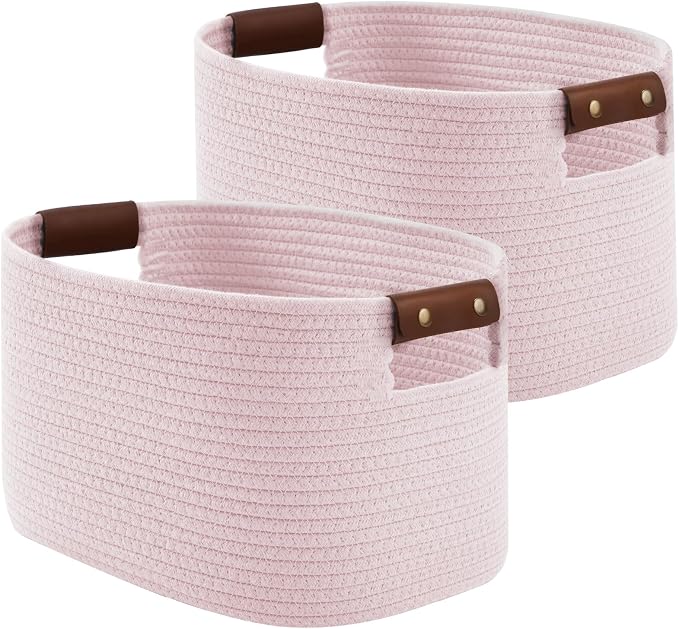 ECDYQXVU Cotton Rope Basket, Storage Baskets with Handle, 15x10x9 Inch Woven Basket for Shelves, Laundry, Towels, Clothes, Books (Light/Pink 2Pack) by ECDYQXVU
