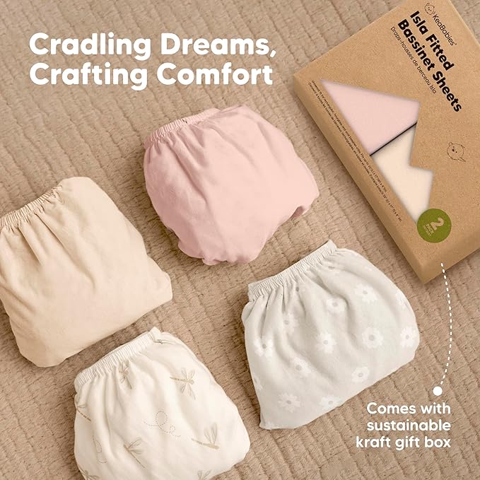 2-Pack Baby Bassinet Sheets Girl, Boy - 33x17 Viscose Derived from Bamboo Bedside Mattress Fitted Bassinet Sheets, Compatible with Halo Bassinest Swivel Sleeper, Baby Delight, Graco (Cameo)