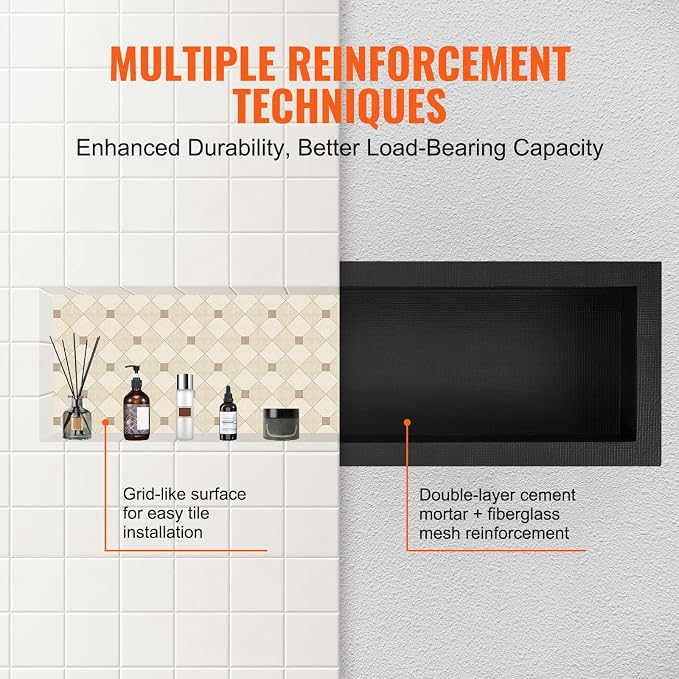 VEVOR Shower Niche Ready for Tile 16" x 50", Single Shelf Organizer, Square Corners Wall-inserted Niche Recessed, Sealed Protection Modern Soap Storage Niche for Shower Bathroom, Black - Image 7