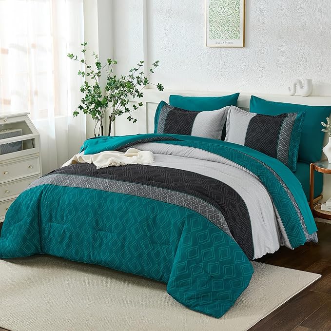 Dinjoy Boho Queen Comforter Set Teal Blue,7 Piece Bed in a Bag Queen Size Warm Striped Bedding Sets Dark Teal Plaid Fall Comforters Set with Sheets for Family All Season